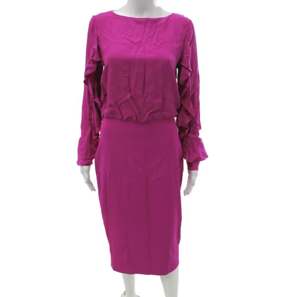 Badgley Mischka Women Blouson Midi Dress Pink Boat Neck Long Sleeve Silk Size M